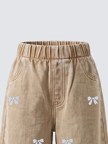 女童可愛牛仔女孩西式風格牛仔褲，四季新款復古卡其丹寧色，白色蝴蝶結刺繡，直筒寬鬆版型，時尚夏季 - 卡其色 - 查看 4