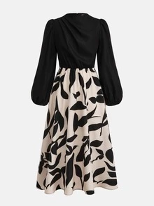 SHEIN 青少年女孩秋冬休閒時尚通勤黑色拼接長袖A字洋裝，適用萬聖節、聖誕節、畢業派對與正式場合 - 黑色 - 查看 5
