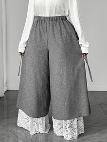 Maweii Plus Size 2 In 1 Lace Patchwork Side Bowknot Long Pants - Dark Grey - View 4