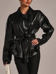 SHEIN BAE Women's Autumn Fashion Belted Trench Coat - Black - View 6