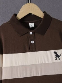 SHEIN Mirajuku Boys' Polo Shirt, Patchwork Long Sleeve, Simple Fashionable Turn-Down Collar, White - Mocha Brown - View 4