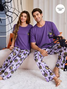 CoupledUp Halloween Pumpkin Print Men's Short Sleeve Long Pants Casual Pajama Set - Purple - View 5
