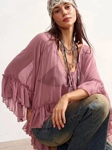 Bohemela 休閒純色梭織荷葉邊飾寬鬆女款襯衫 - 藕粉色 - 查看 8