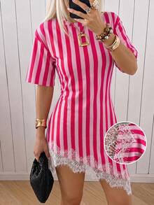SHEIN EZwear Casual Vacation Style Rose Red Vertical Stripe Full Print Pattern Knit Bodycon Dress Suitable For Spring And Summer - Multicolor - View 6