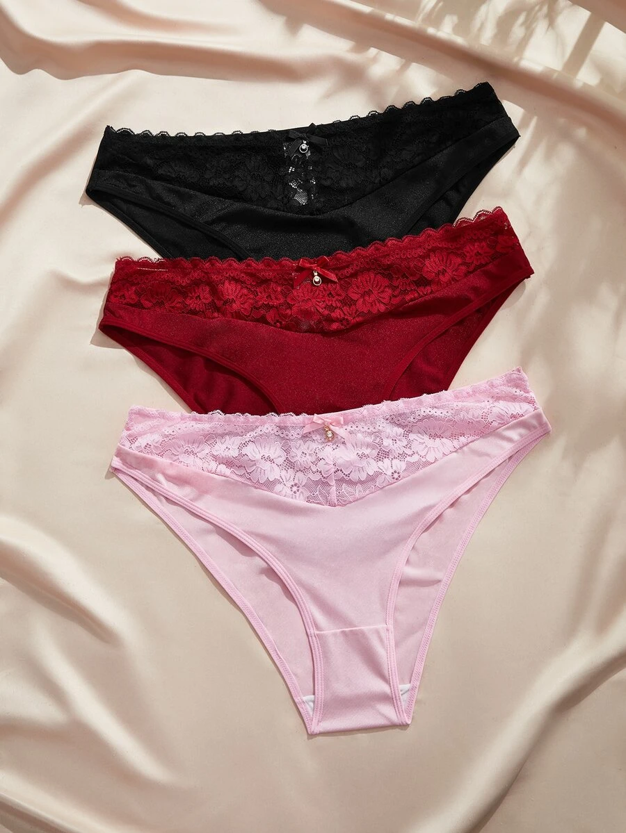 Charlaine Women's Plus Size Triangle Panties Lace Patchwork Satin Underwear 3-Pack - Multicolor - View 1