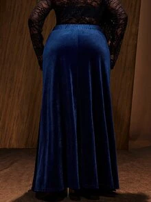 Maweii Plus Size Women's Vintage Ruched Drawstring Bodycon A-Line Velvet Solid Blue Skirt Fall - Blue - View 5