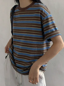 DAZY 夏季休閒條紋落肩寬鬆版型T恤 - 棕色 - 查看 9