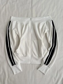 Attitoon Sweatshirt Wanita Motif Garis-Garis Blok Warna dengan Model Bahu Terbuka - Putih - View 3