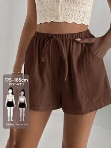 SHEIN Tall 女款純色前打結短褲，適合夏季 - 棕色 - 查看 7