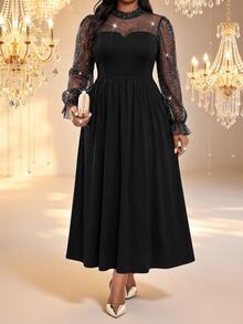 Fleurora Plus Size Women's Patchwork Glitter Mesh Elegant Dress Fall - Black - View 1