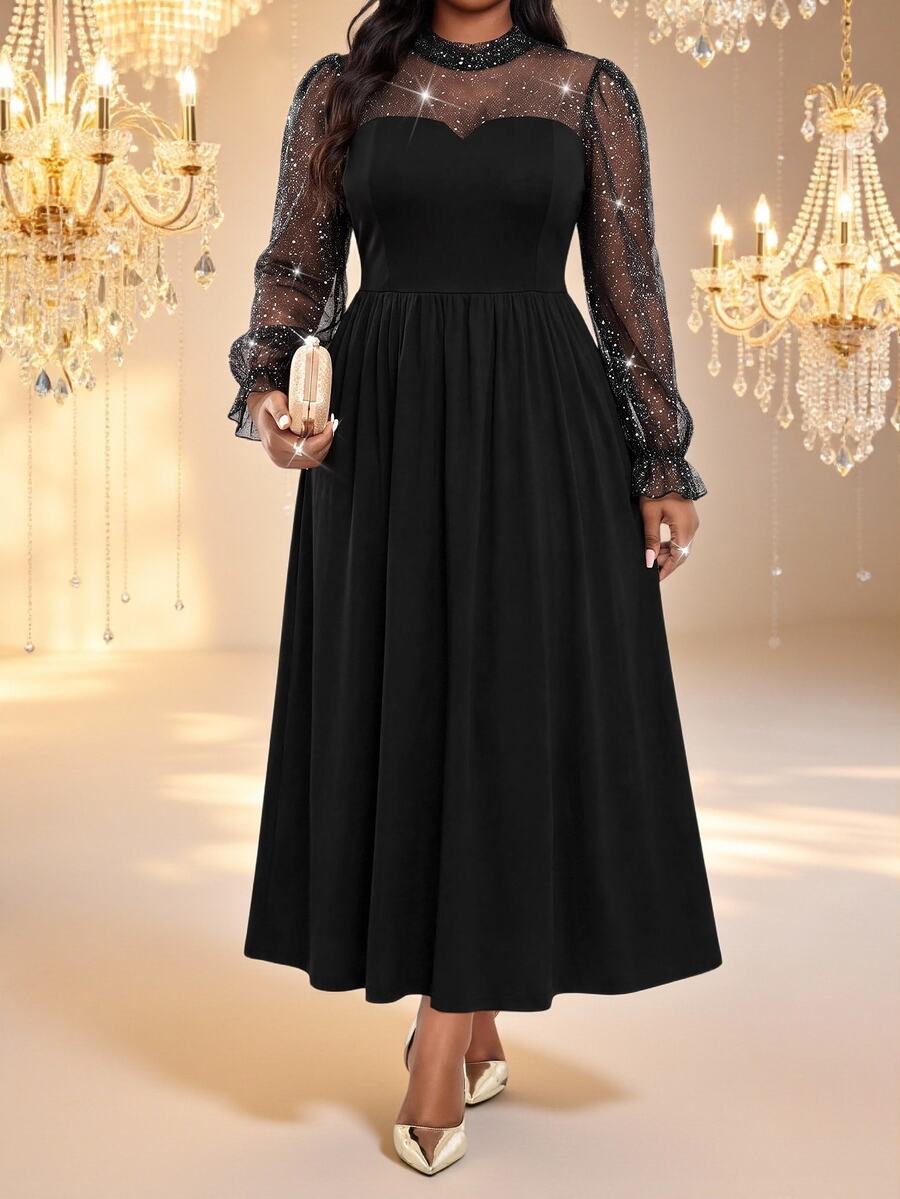 Fleurora Plus Size Women's Patchwork Glitter Mesh Elegant Dress Fall - Black - View 1