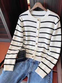 SHEIN 青少年女孩/小女孩休閒長袖黑白條紋開襟衫，秋冬服飾，條紋 - 白色 - 查看 5