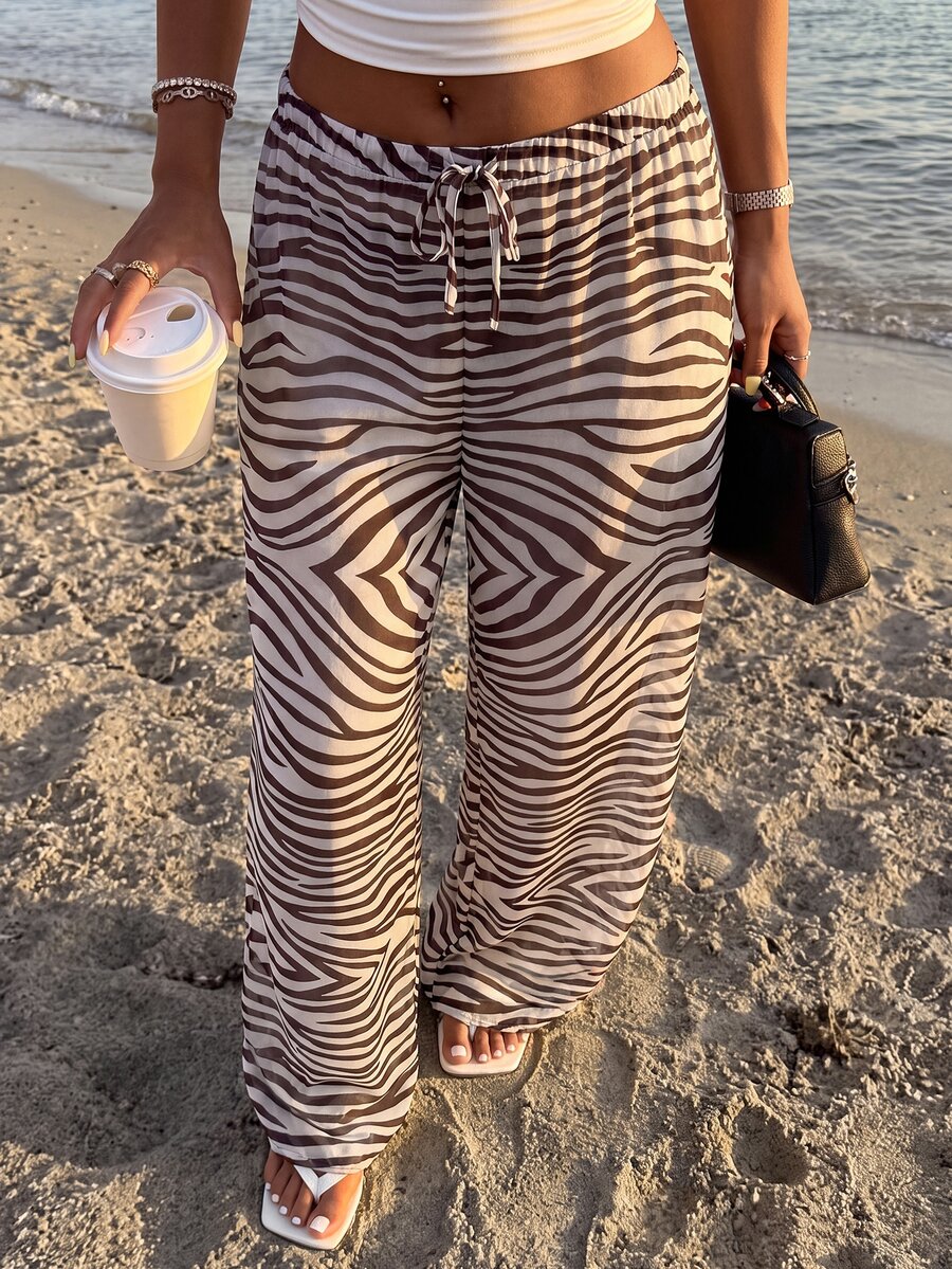 Nevyona Brown And Zebra Print Drawstring Wide-Leg Pants For Women, Suitable For Spring And Summer Beach Outings, Casual Wear, And Versatile Bottoms - Brown - View 1