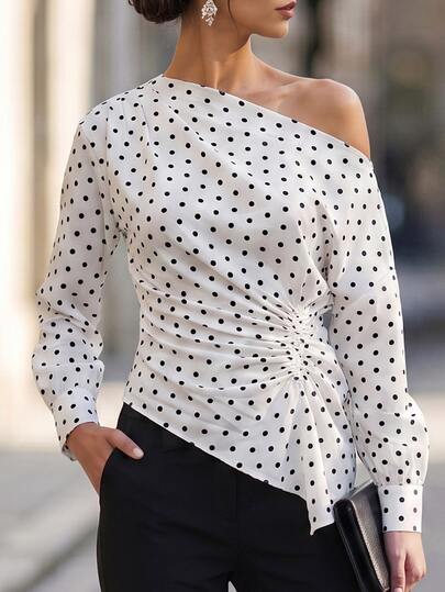 Editum Women's Polka Dot Print Asymmetrical Shoulder Ruched Waist Blouse
