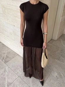 Firerie Women's Elegant Spring/Summer Minimalist Fashion Commute Street Versatile Vacation Casual Round Neck Cap Sleeve Fitted Mesh Sheer Hem Black Sweater Dress - Brown - View 3