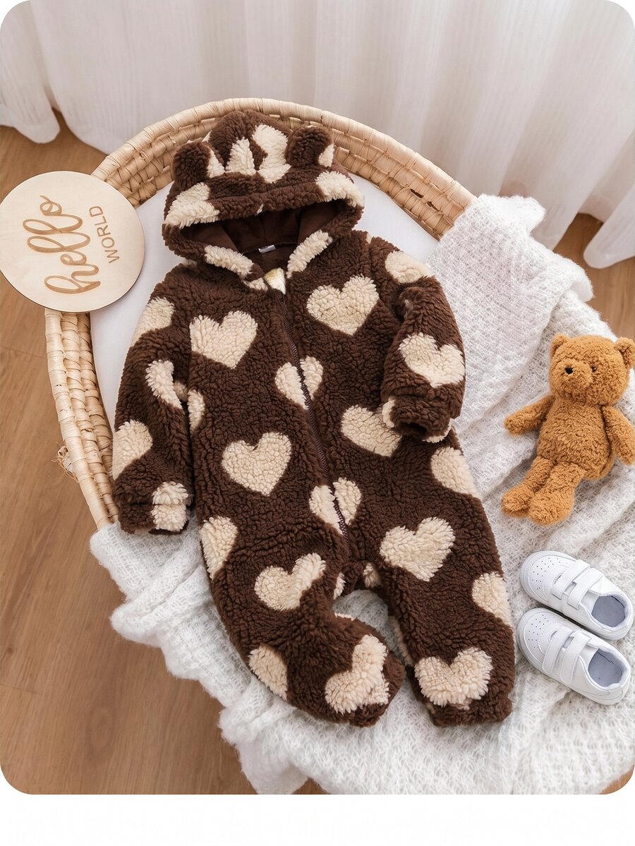 SHEIN LMoss Kids 新生女嬰可愛秋冬款毛茸茸花卉圖案長袖連帽連身衣 - 棕色 - 查看 1