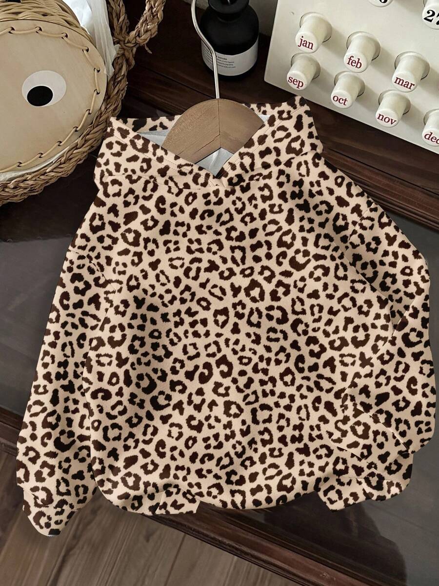 SHEIN EZwear 女款豹紋休閒百搭日常穿著連帽衛衣 - 彩色 - 查看 1