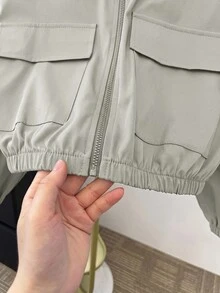 SHEIN 青少年女孩編織純色貼袋短版寬鬆休閒連帽外套 - 橄欖綠 - 查看 4