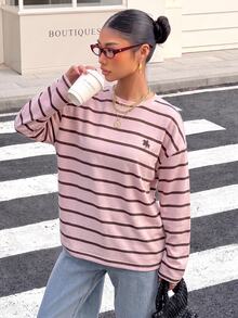 Muchica 女款寬鬆條紋露背綁帶長袖T恤，適合外出、返校、街頭穿搭，露背上衣 - 彩色 - 查看 6