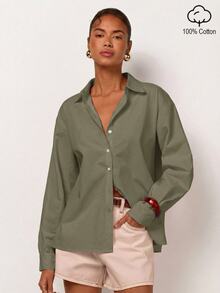 COSMINA Women's Casual Solid Color Front Button-Down Drop Shoulder Shirt, Autumn Style, Long Sleeve Shirt, Elegant Women's Shirt, Basic Versatile Shirt, Pink Shirt, Suitable For Office Wear, Daily Outfit, Loose Fit Shirt, Valentine's Day Shirt, Casual Shirt - Khaki - View 1