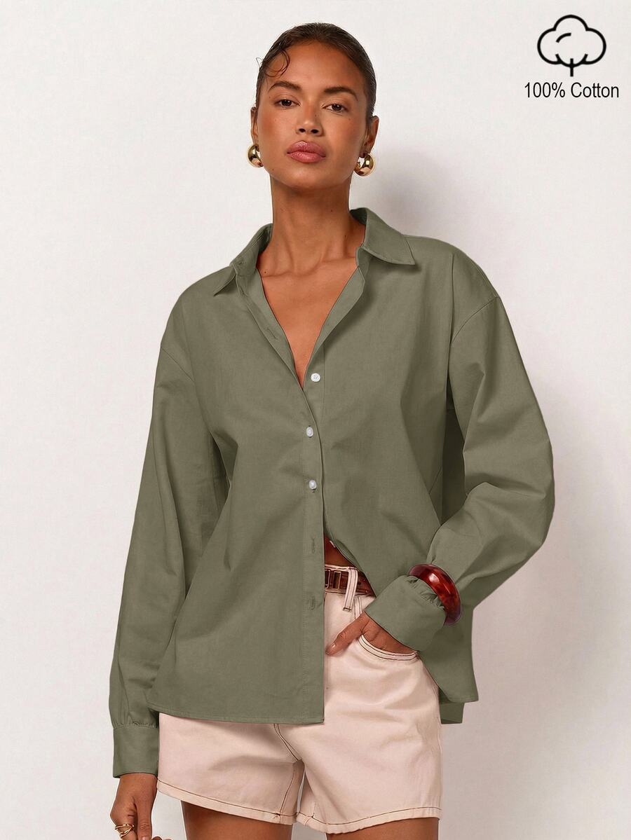 COSMINA Women's Casual Solid Color Front Button-Down Drop Shoulder Shirt, Autumn Style, Long Sleeve Shirt, Elegant Women's Shirt, Basic Versatile Shirt, Pink Shirt, Suitable For Office Wear, Daily Outfit, Loose Fit Shirt, Valentine's Day Shirt, Casual Shirt - Khaki - View 1