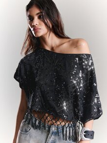 BAD SUNDAY Women's Mid-Sleeve Asymmetrical Shoulder Tassel Hem Crop Top, Y2K Sexy Millennium Style, Summer Halloween Party Club Going Out Black - Black - View 7