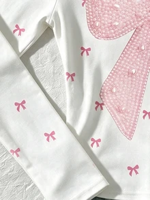 Tween Girls' Long Sleeve T-Shirt With Bow Knot All-Over Print, Sweet And Cute Faux Pearl Bow Knot Pattern, Suitable For Autumn And Winter, Perfect For Outdoor And Street Wear - Multicolor - View 5
