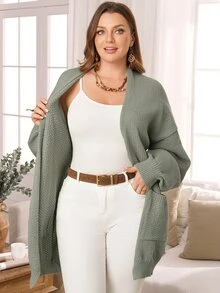 Rosumi Cardigan Rajut Lengan Panjang Wanita Ukuran Besar dengan Kantong Depan Terbuka, Warna Polos, dan Bahu Longgar untuk Musim Dingin - Hijau - View 5