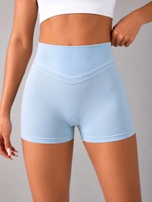 Eassivo Women's Solid Color High Waist Daily Fitness SportsBermuda Shorts - Blue - View 4