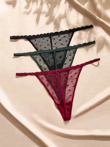 Charlaine Plus Size Women's 3 PiecesHeart Mesh Cotton Crotch Back Single Strap Thong - Multicolor - View 2