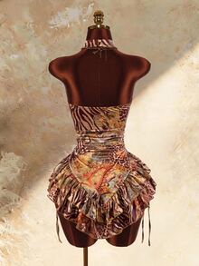 Amplova Women's Sexy Animal Print Ruffle Backless Halter Neck Mini Dress, Summer - Brown - View 9