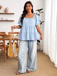 Enliva Blusa de talla grande con cuello cuadrado, ajuste holgado, volantes escalonados y manga corta - Azul - Ver 6