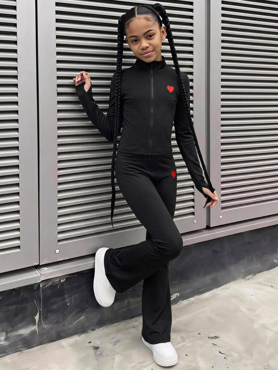SHEIN 兒童青少年女孩秋冬運動休閒瑜伽日常針織純色紅色愛心印花開襟外套與拼色喇叭長褲套裝,女童運動套裝,黑色百搭經典Y2K - 黑色 - 查看 1