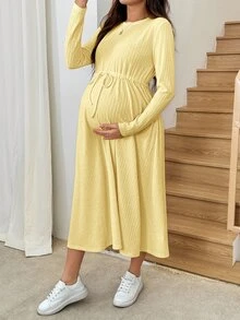 SHEIN 孕婦簡約百搭紋理長袖洋裝 - 黃色 - 查看 5