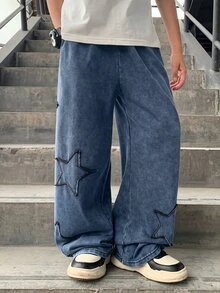 SHEIN 青少年男孩休閒水洗星星拼接運動長褲 - 藏蓝色 - 查看 3
