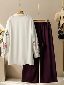 Seusyu 女款領口長袖蝴蝶印花休閒優雅 L'amoure 日常寬鬆大尺碼 2 件套 早午餐派對 粉紫色 秋季 - 酒紅色 - 查看 2