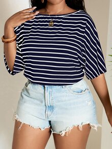 SHEIN PETITE CURVE Women's Fashionable Casual Modest Navy Blue Stripe Short Sleeve Bodysuit Beach Vacation Summer - Multicolor - View 3
