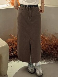 Comfortcana Women's Long Casual Denim Skirt With Pockets And Split Hem - Mocha Brown - View 3