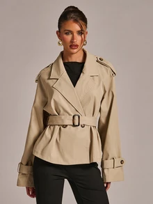 SHEIN BAE Women's Autumn/Winter Fashion Versatile Solid Color Commuter Lapel Open Front Same Fabric Color Belt Waist Cinched Short Trench Coat Jacket - Khaki - View 7