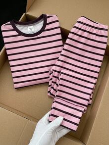 SHEIN 女童 2 件套休閒套裝，簡約舒適可愛，復古條紋布料長袖長褲，秋冬休閒運動學院風 - 藕粉色 - 查看 3