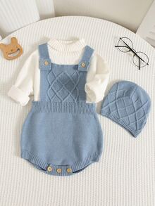 SHEIN Set Baju Terusan dan Topi Bayi Laki-laki Warna Polos Serbaguna dan Nyaman (2 potong) - Biru - View 4