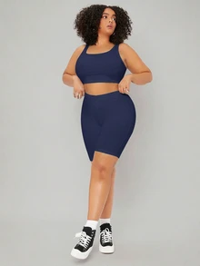 SHEIN BASICS 大尺碼女款夏季通勤極簡純色高腰單車褲 夏季服飾 - 藏蓝色 - 查看 6