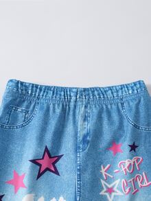 Sparklyn 2件組女童甜酷風3D蝴蝶結裝飾白色上衣+黑色喇叭褲套裝，黑色上衣配多個粉色蝴蝶結，洋紅色喇叭褲時尚版型，整體風格偏向甜酷，適合開學季、外出、街頭穿搭 - 粉色 - 查看 6
