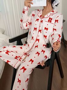 Napfluff Women's New Bow Print Casual Long Sleeve Pants Pajama Set - Red and White - View 5