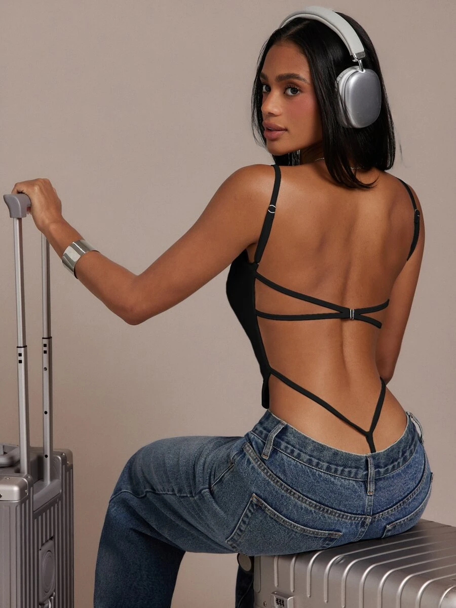 Hauture Women's Sexy Solid Color Spaghetti Strap Camisole Streetwear - Black - View 1