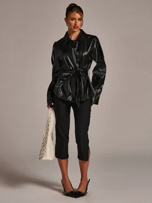 SHEIN BAE Women's Autumn Fashion Belted Trench Coat - Black - View 1
