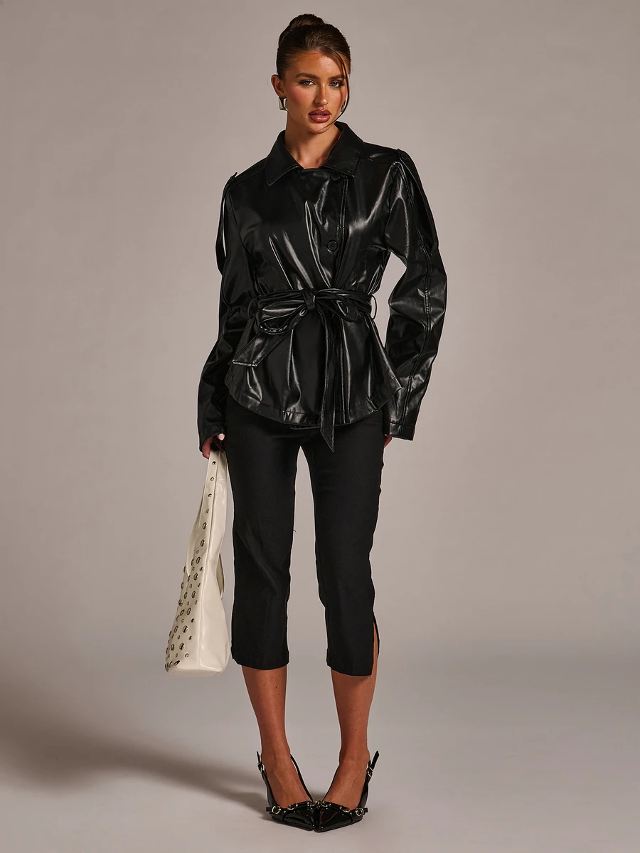 SHEIN BAE Women's Autumn Fashion Belted Trench Coat - Black - View 1