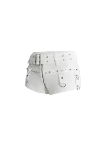 ROMWE Grunge Punk Summer Music Festival Punk Metal Skull Studded Ultra Low Waist High Stretch Skinny Denim Shorts - White - View 5