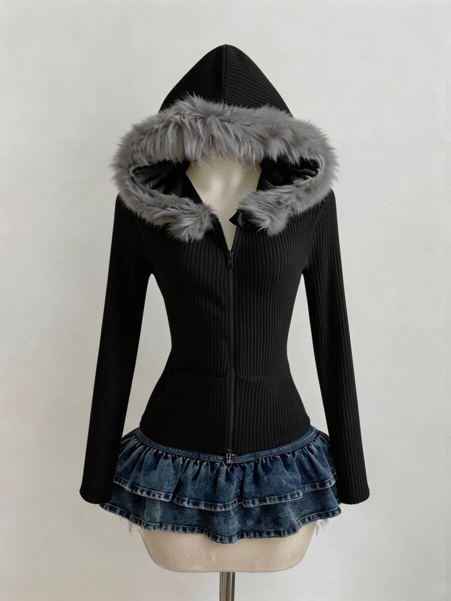 SHEIN Sparklyn 青少年女孩休閒日常修身衛衣,開學季,韓系風格 - 黑色 - 查看 1