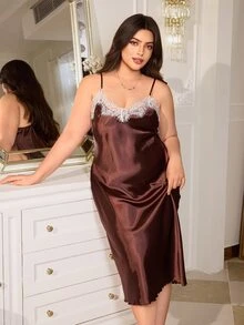 MuseNap CURVE Contrast Color Lace Patchwork Elegant Plus Size Women's Nightgown - Brown - View 2